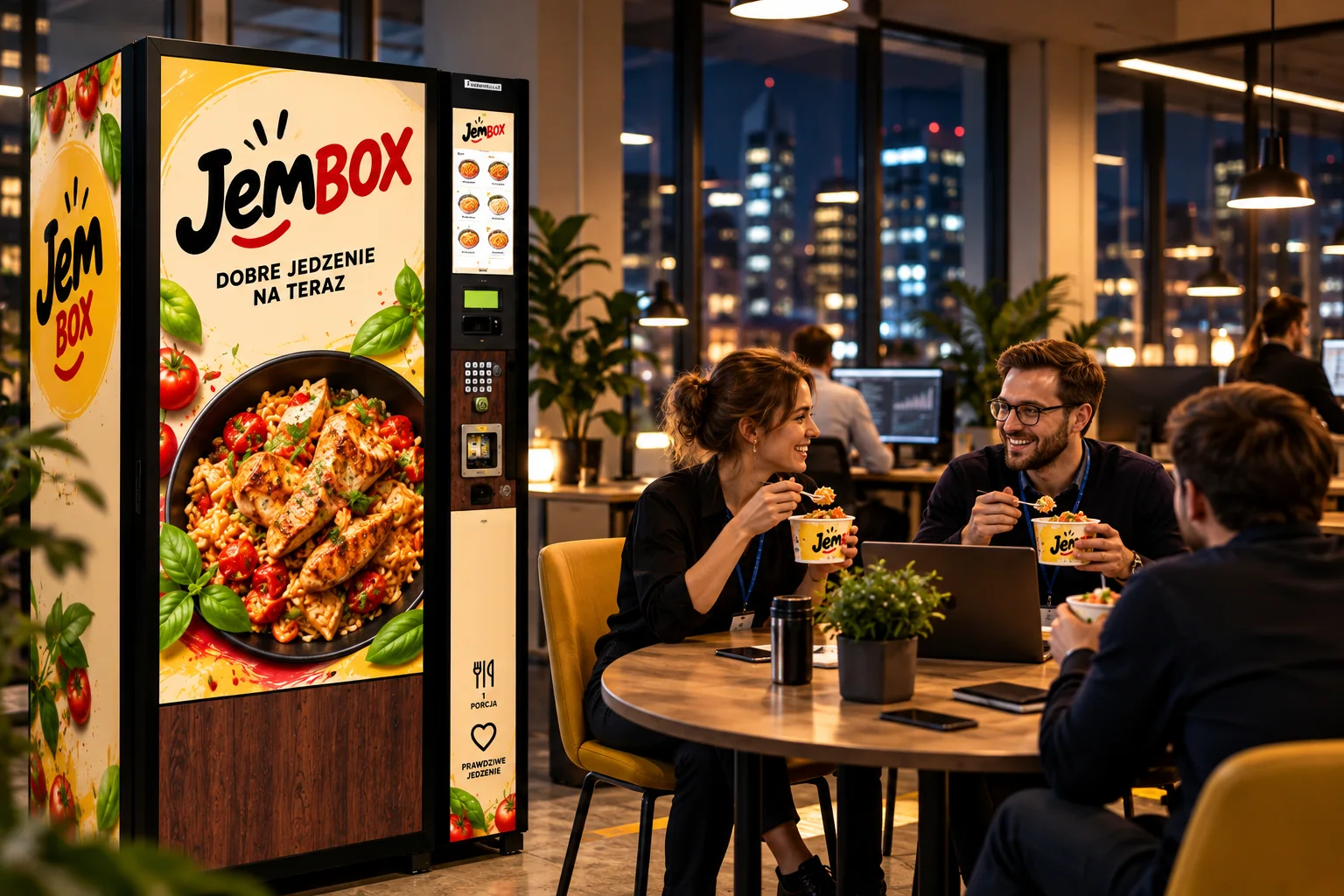 Pracownicy biura jedzą wieczorem ciepły obiad obok automatu JemBOX