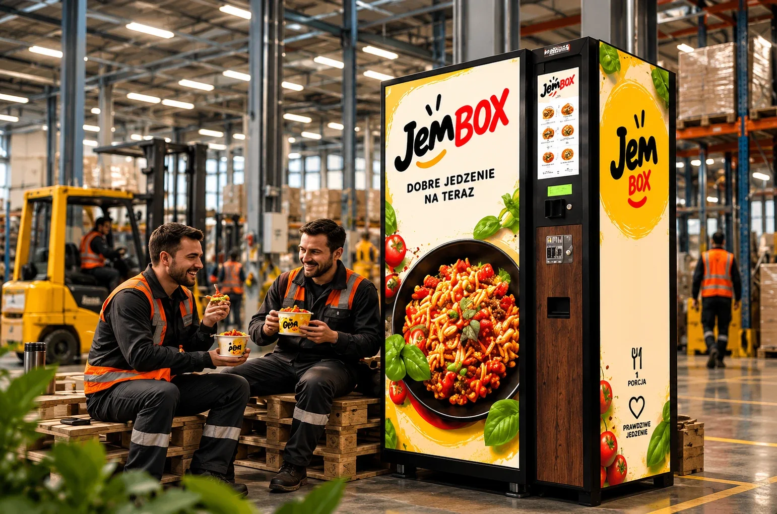 Pracownicy magazynu jedzą ciepły obiad przy automacie JemBOX w hali magazynowej