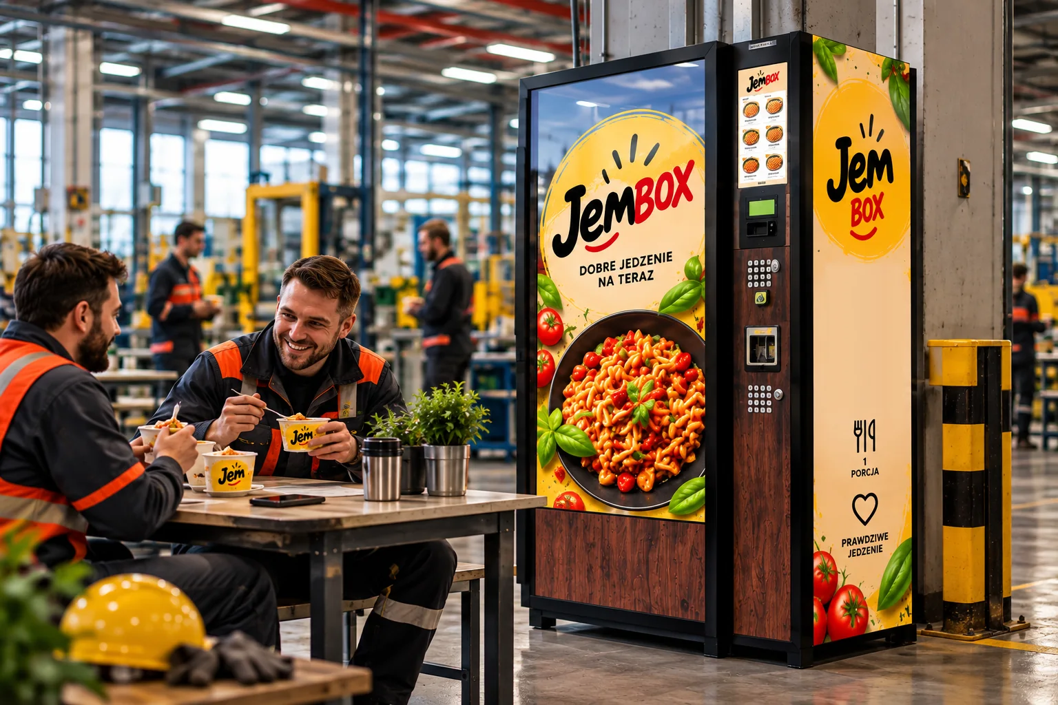 Pracownicy zakładu produkcyjnego jedzą obiad przy stole obok automatu JemBOX na hali